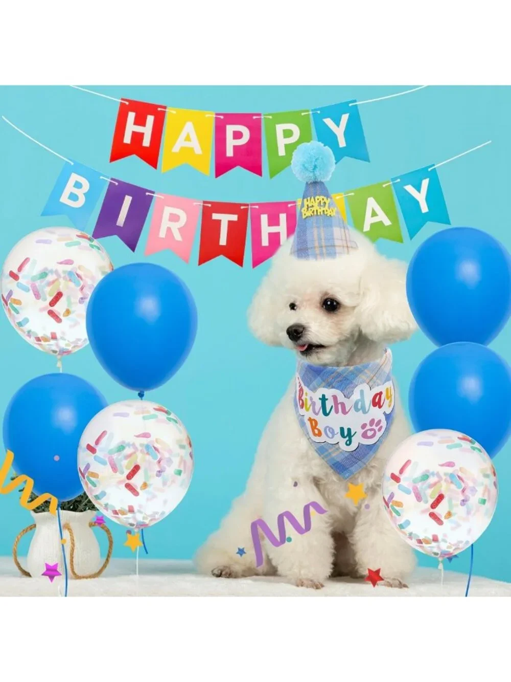 Puppy Birthday Bandana & Hat Set, Party Supplies with Banner & Balloons for Dogs